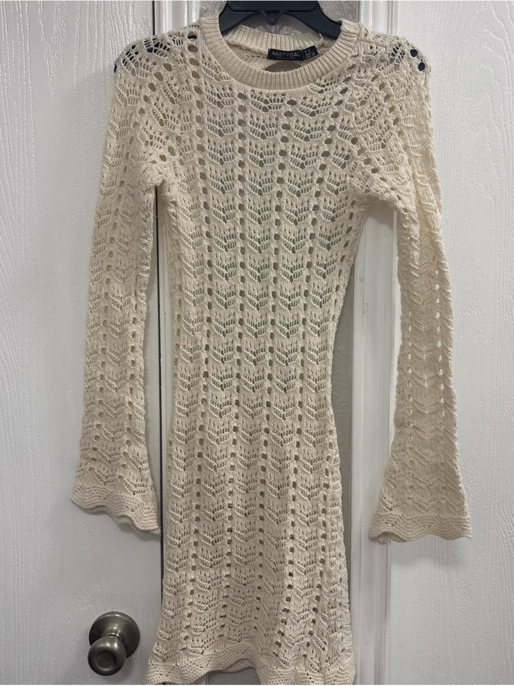 Nasty Gal Cream Crochet Knit Long Sleeve Dress
